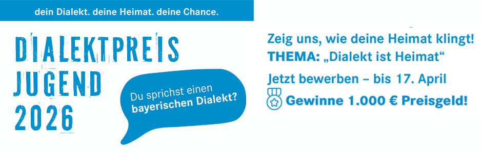 Grafik mit der Aufschrift Dialektpreis Jugend 2026, extern verlinkt auf die Internetseite zum Dialektpreis
