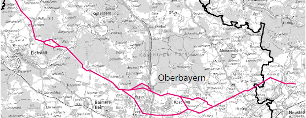 Kartenausschnitt im Maßstab 1:250000: Westbayernring: Abschnitt mit Varianten für die Raumverträglichkeitsprüfung